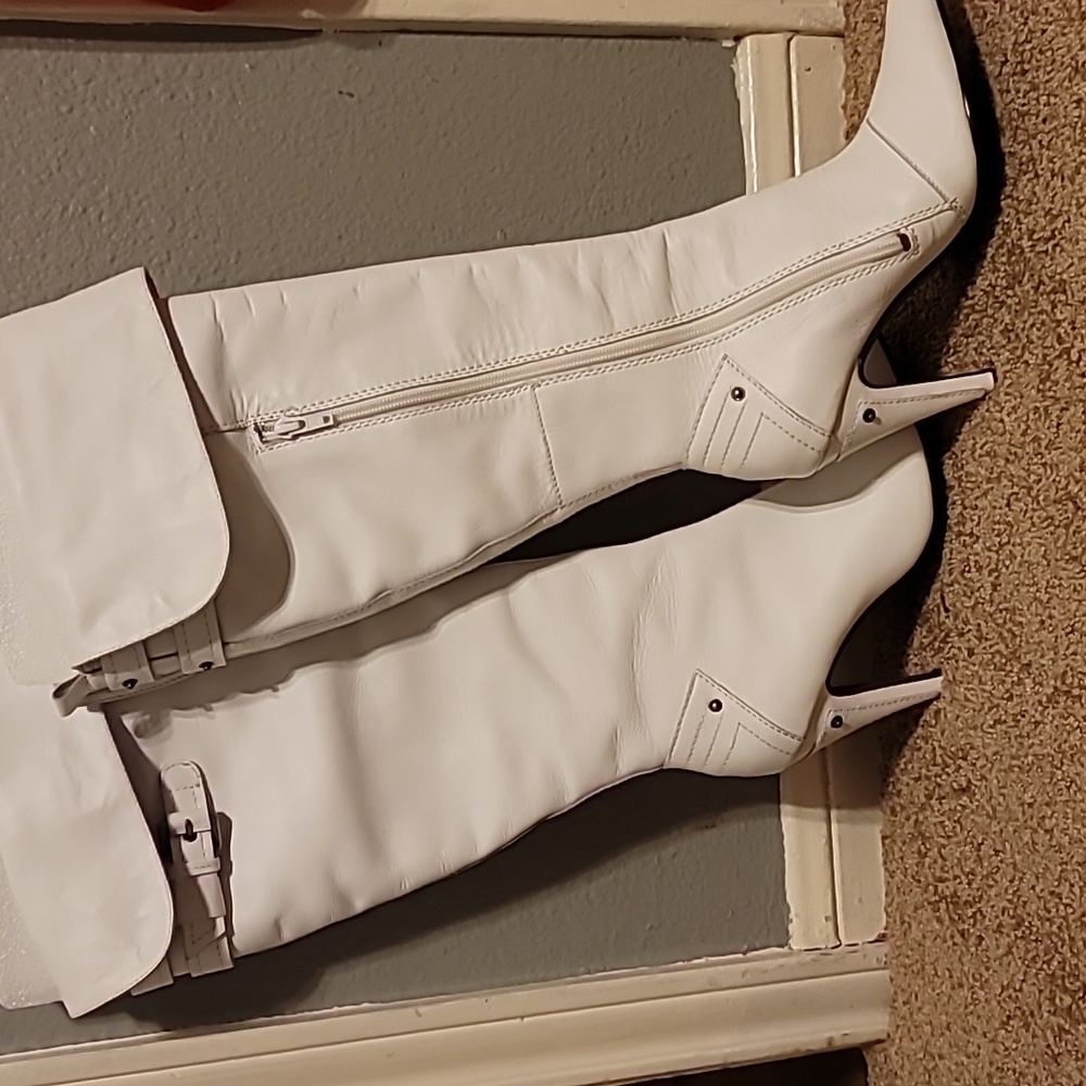 White leather knee-high boots